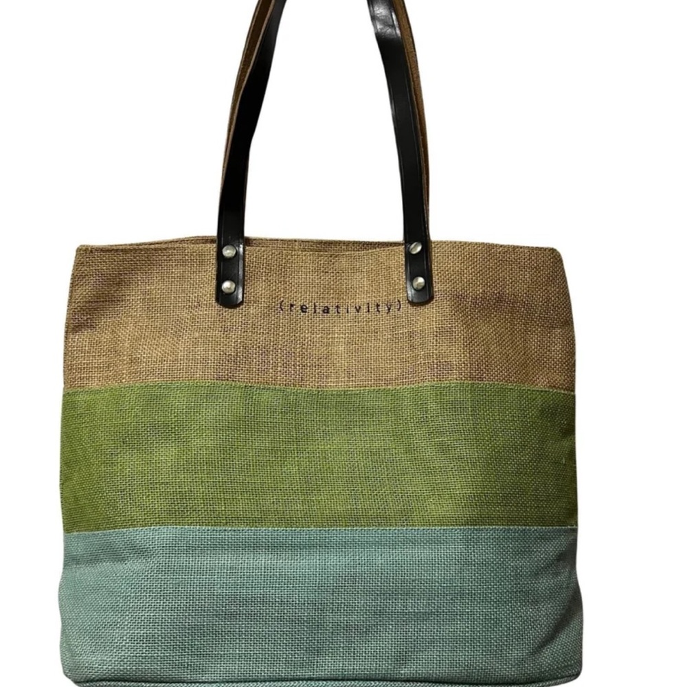 Relativity Woven 100% Jute Striped Fabric Tote Bag